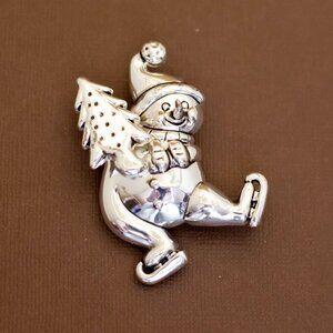 Vintage Skating Snowman Christmas Silver Tone Brooch - U22